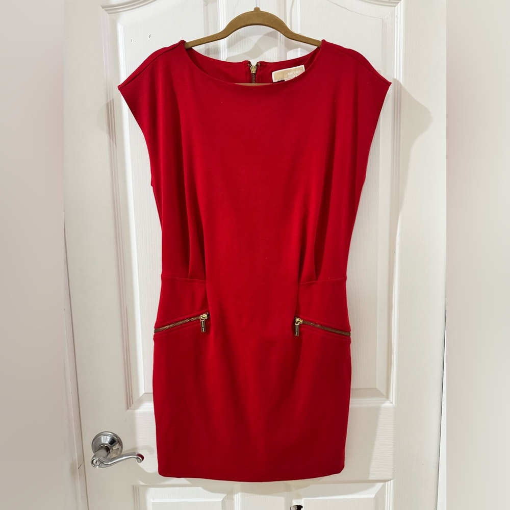Michael Kors Red Cap-Sleeve Sheath Dress with Gold Zippers